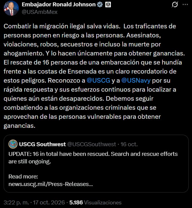 El embajador de EEUU en México explicó que el combate a los cárteles también previene la migración ilegal y la muerte de personas.Foto: X/@USAmbMex