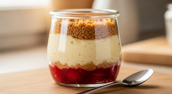Primer plano de un cheesecake invertido en un frasco de vidrio, mostrando capas de galleta triturada, crema y salsa roja de frutos, con una cuchara al lado.