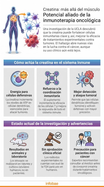 Infografía médica con cuerpo humano, molécula de creatina, células inmunitarias y tumorales. Iconos de ATP, redes celulares, lupa, ratón, placa de Petri, mazo judicial y doctor.