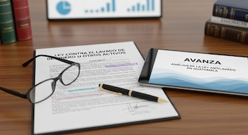 Documentos legales, una tableta digital mostrando "AVANZA ANÁLISIS DE LA LEY ANTILAVADO EN GUATEMALA", lentes y un bolígrafo sobre una mesa de madera.