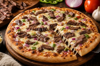 Pizza con tiras de carne, queso derretido, cebolla morada y pimiento verde, servida sobre una tabla junto a tomate y ajo.
