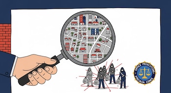 Ilustración de una mano con lupa sobre un mapa de la Ciudad de México. Bajo la lupa, figuras encapuchadas con bolsas y líneas rojas de investigación. Logo Fiscalía CDMX.