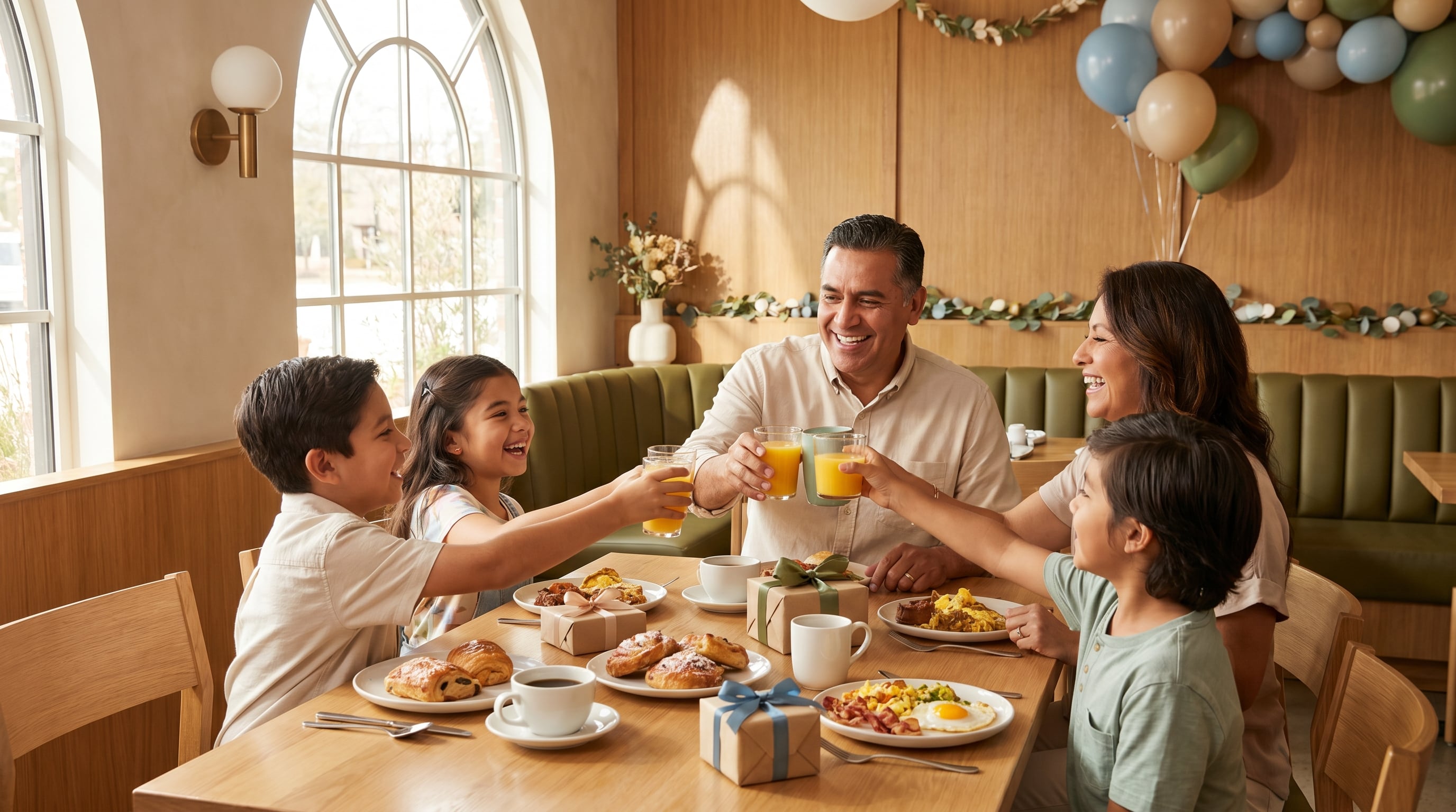 Una familia mexicana brinda con jugos de naranja y sonríe felizmente mientras celebra el Día del Padre en un luminoso restaurante moderno, con regalos envueltos y platos de desayuno en la mesa. (Imagen Ilustrativa Infobae)