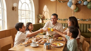 Familia mexicana sonriendo y brindando con jugos de naranja en una mesa de restaurante con desayuno, huevos, tocino y regalos, con globos decorativos.