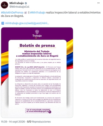 Inspección laboral en Zara evaluará posibles medidas preventivas - crédito @MinTrabajoCol/X