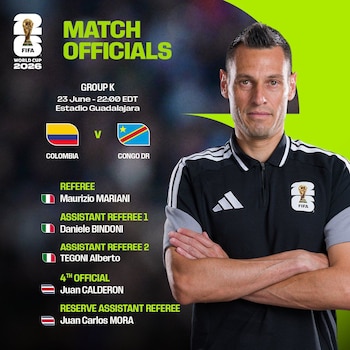 La FIFA confirmó el equipo arbitral para el duelo entre Colombia y RD Congo, encabezado por el italiano Maurizio Mariani y acompañado por asistentes italianos y jueces costarricenses - crédito FIFA