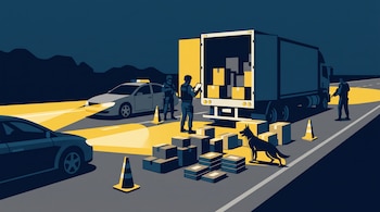 Ilustración de un camión abierto, policías uniformados, un perro, vehículos y cajas con paquetes apilados en una carretera con conos viales.