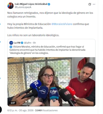 El representante Luis Miguel López Aristizábal respaldó a la ministra de Educación en sus declaraciones sobre ideología de género en los colegios - crédito @LuismLopezA/X