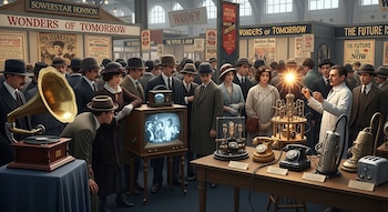 Multitud de personas con atuendos del siglo XX en una exposición de tecnología, observando un fonógrafo, televisores, teléfonos y electrodomésticos antiguos.