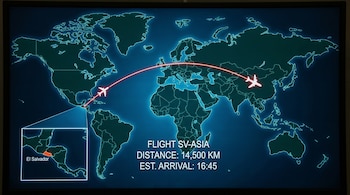 Una pantalla oscura muestra un mapa mundial digital con un avión despegando de El Salvador y otro llegando a Asia, conectados por una ruta aérea roja. El Salvador está ampliado.