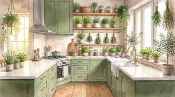 Dibujo de una cocina con gabinetes verdes, estantes de madera, estufa, fregadero y múltiples plantas en macetas y colgadas.