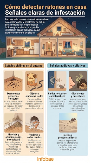 Infografía que muestra cómo detectar ratones en casa con imágenes de excrementos, objetos roídos, ruidos nocturnos, olores, suciedad, nidos ocultos y huellas.