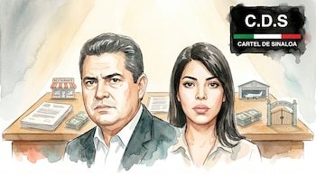 Ilustración de acuarela con Alejandro Flores Cacho y Diana Toro Díaz. Incluye el logo del Cártel de Sinaloa, documentos, dinero y tres iconos de empresas fachada.