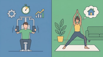 Ilustración plana dividida. A la izquierda, un hombre en una máquina de gimnasio. A la derecha, una mujer haciendo ejercicio con banda en casa, con planta y sofá.