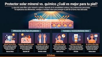 Infografía que compara protectores solares minerales y químicos, mostrando su acción en la piel, textura, aplicación recomendada, requisitos de FPS y uso diario.