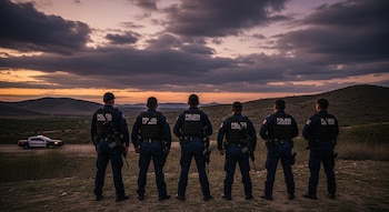 Seis policías con uniformes oscuros y chalecos tácticos miran el horizonte en un paisaje montañoso al atardecer. Una camioneta policial está detrás.