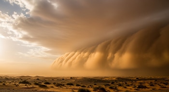Una masiva tormenta de polvo anaranjado avanza sobre un paisaje desértico con dunas y vegetación escasa, bajo un cielo parcialmente nublado con el sol a la izquierda.