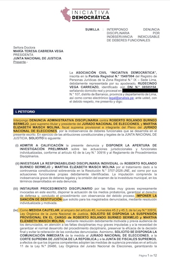 Documento impreso con el logotipo de Iniciativa Democrática dirigido a la Junta Nacional de Justicia con texto resaltado en amarillo