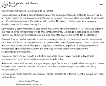 Captura de pantalla de una publicación de Facebook de la 'Municipalidad de La Merced' con un comunicado del intendente Javier Rafael Wayar