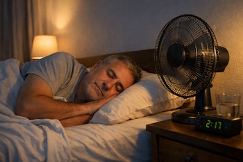 Hombre de mediana edad duerme en cama con sábanas y almohada blancas, ventilador de mesa negro, reloj digital verde, vaso de agua y lámpara encendida en la mesita de noche.