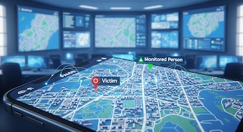 Un teléfono móvil exhibe un mapa de ciudad con dos marcadores, "Victim" y "Monitored Person", sobre un fondo de sala de monitoreo policial con pantallas.