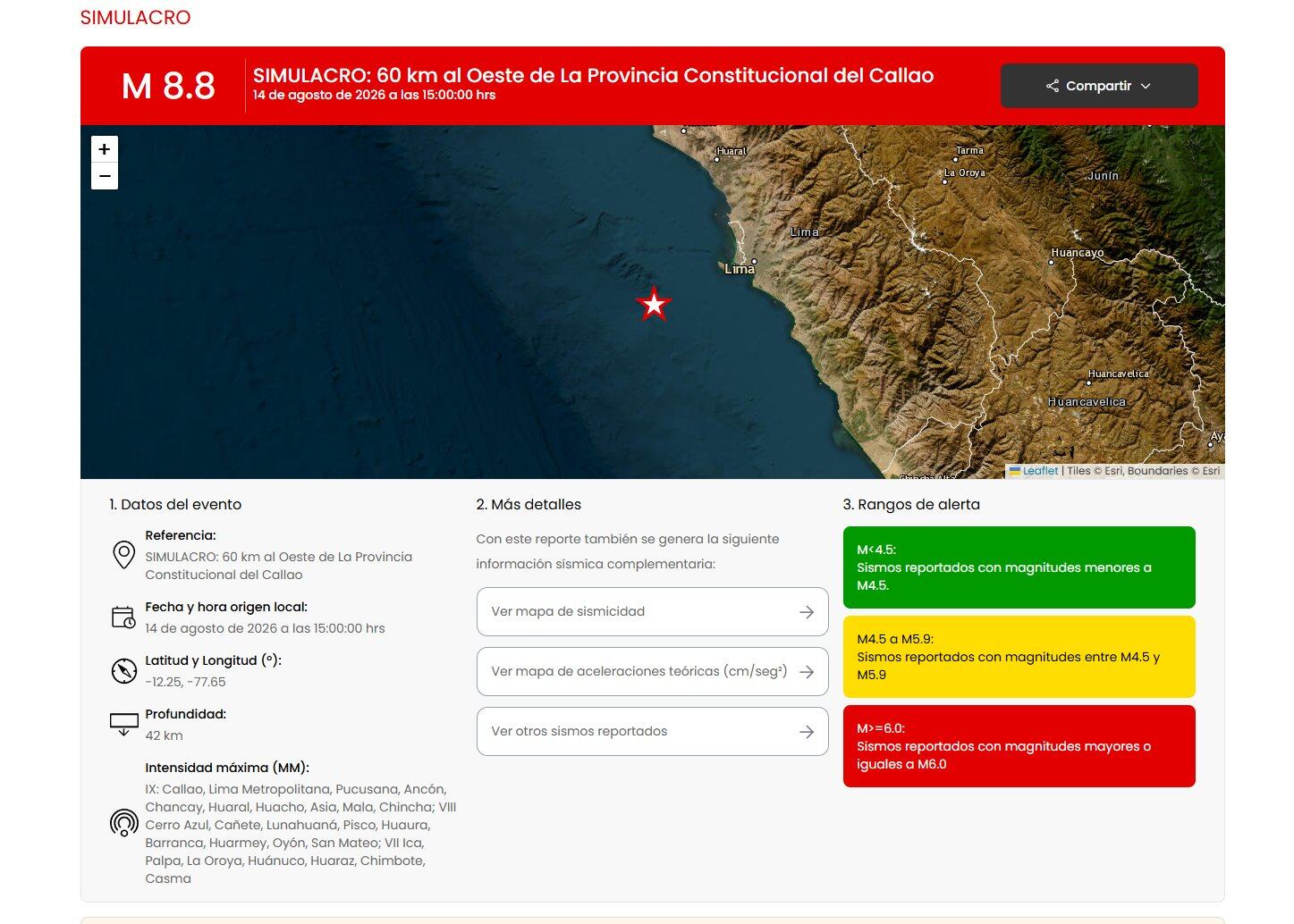 Un mapa muestra el escenario recreado por el IGP para el II Simulacro Nacional Multipeligro 2026, un sismo de magnitud 8.8 con epicentro al oeste del Callao, Perú.