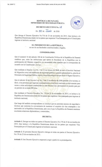La medida quedó formalizada en un decreto del 30 de junio de 2026 y rige desde su promulgación, según el Gobierno panameño.