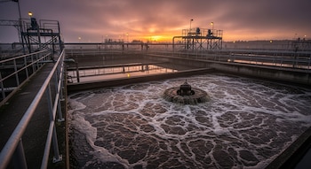 Planta de tratamiento de aguas residuales al amanecer. Tanques de concreto con agua burbujeante, estructuras, pasarelas y farolas encendidas bajo un cielo naranja.
