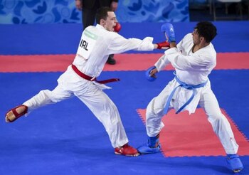 BUENOS AIRES, ARGENTINA - OCTOBER 18: Sean Mc Carthy Crean of Ireland and Nabil Ech-Chaabi of Morocco compete in the Men's Kumite +68kg Semifinal during day 12 of the Buenos Aires Youth Olympic Games 2018 at Oceania Pavilion in the Youth Olympic Park on October 18, 2018 in Buenos Aires, Argentina. (Photo by Marcelo Endelli/Getty Images)