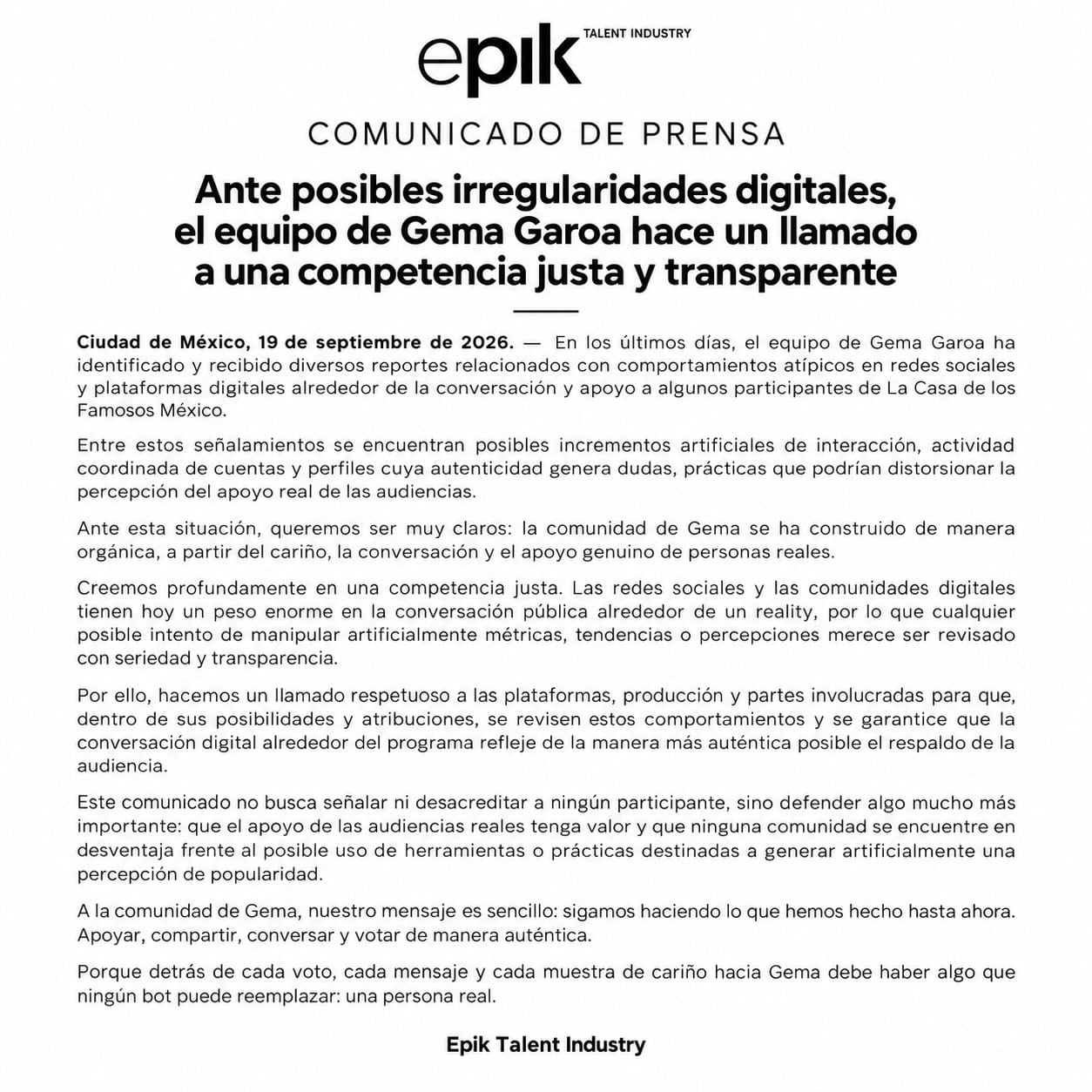 Comunicado de la agencia de Gema Garoa sobre los bots (Instagram)