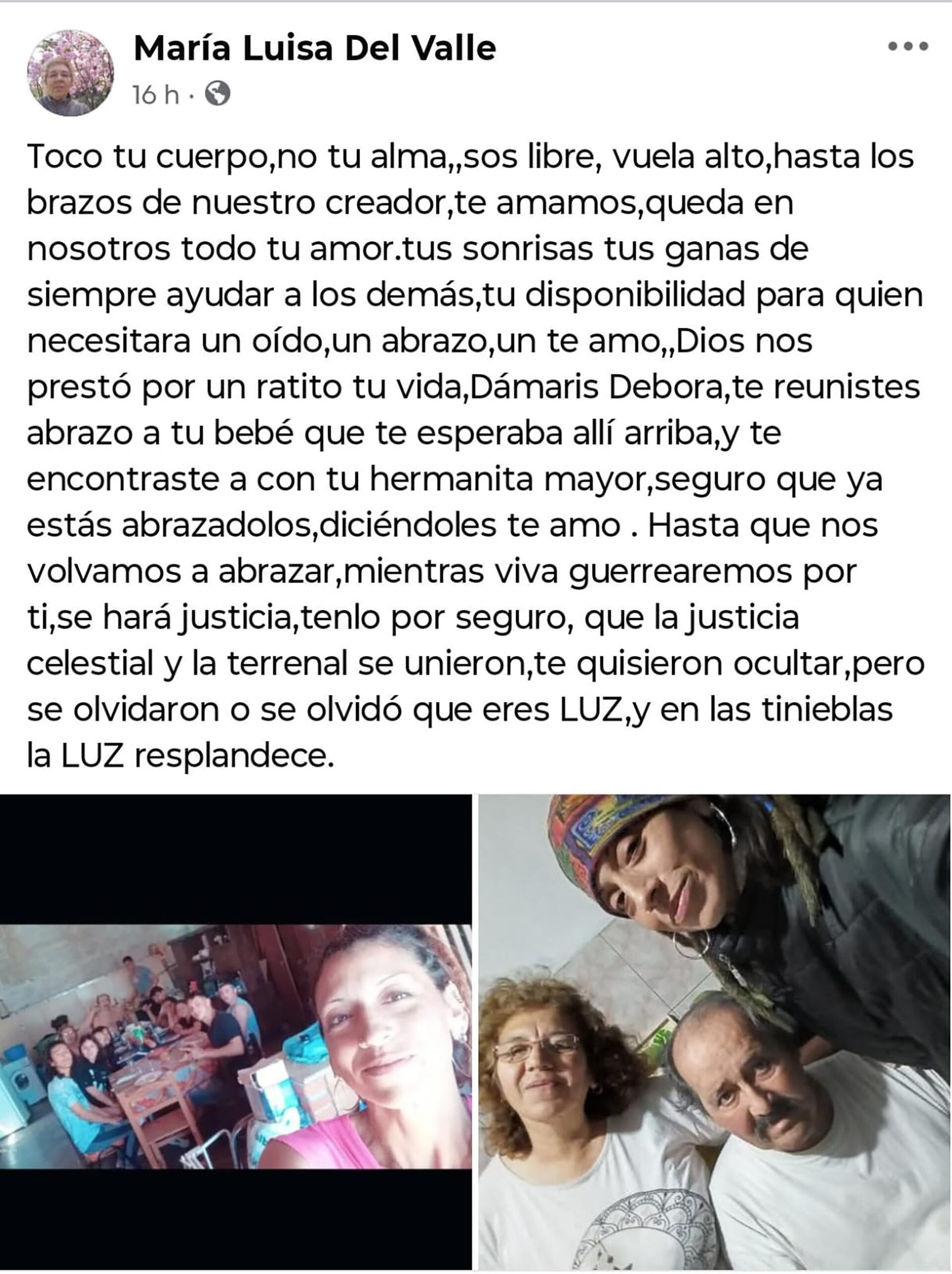 La carta de despedida de María Luisa Del Valle, madre de Débora Bulacio.