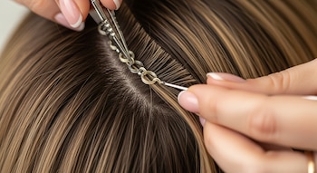 Primer plano de dos manos aplicando extensiones de cabello castaño claro con mechones rubios. Se ven herramientas de metal y pequeños anillos unidos al cabello.