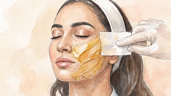 Una mujer con diadema en el cabello y ojos cerrados. Una mano con guante blanco sujeta una tira de papel sobre su mejilla con una sustancia amarilla viscosa.