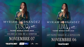 Póster de dos paneles para Myriam Hernández: Tauro World Tour 2026. Fechas para Cusco (7 de noviembre) y Lima (6 de noviembre) con sedes y logos de patrocinadores