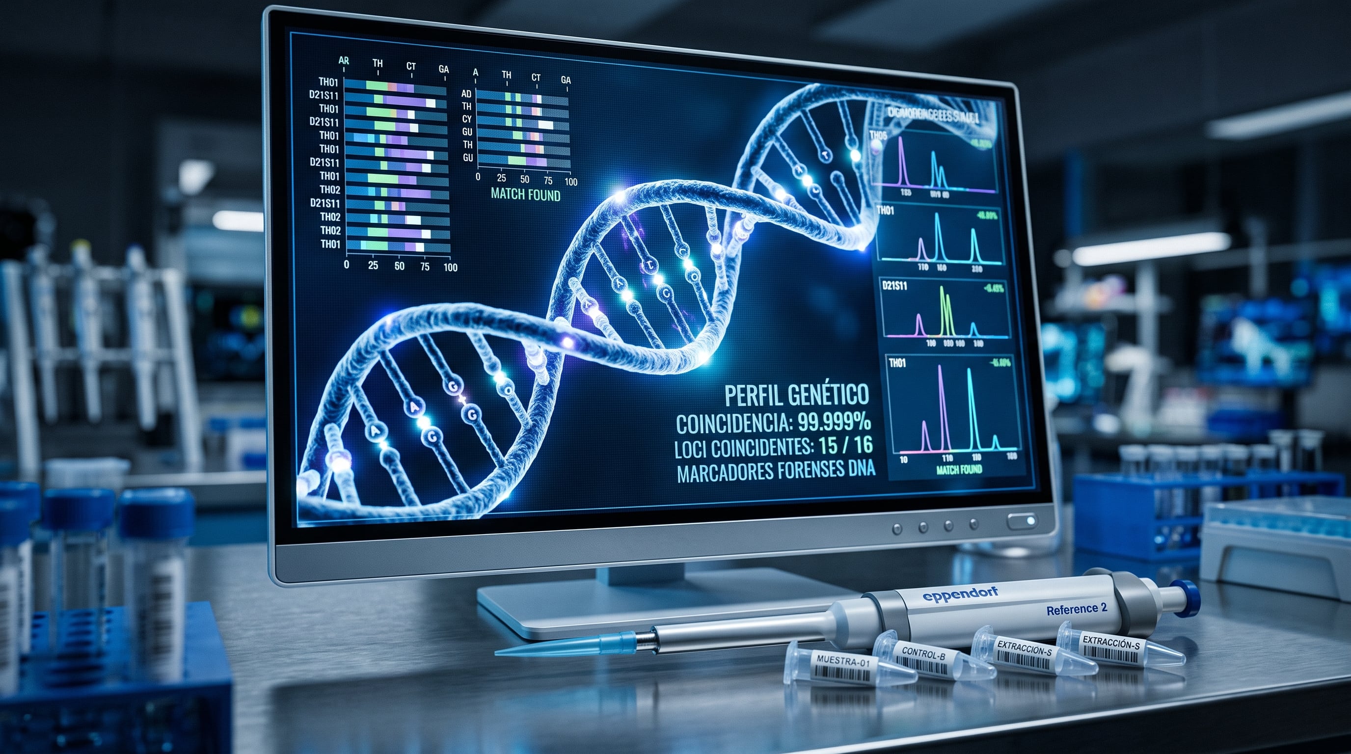 Un monitor de laboratorio exhibe un modelo de doble hélice de ADN y gráficos de coincidencias genéticas junto a una pipeta y tubos de muestra. (Imagen Ilustrativa Infobae)