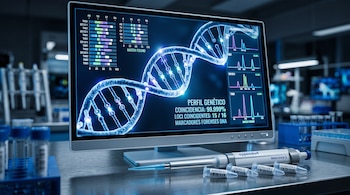 Monitor con una estructura de ADN y gráficos numéricos, una pipeta automática y cuatro tubos con etiquetas sobre una mesa metálica.