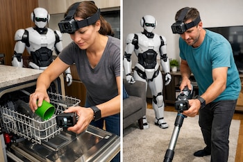 Dos personas, una mujer cargando un lavavajillas y un hombre aspirando, ambas con cámaras en cabeza y mano, junto a robots humanoides blancos.