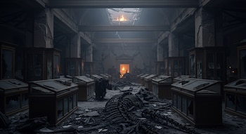 Sala de museo destruida con vitrinas rotas, escombros, esqueleto de dinosaurio fósil, humo y fuego en el techo y al fondo.