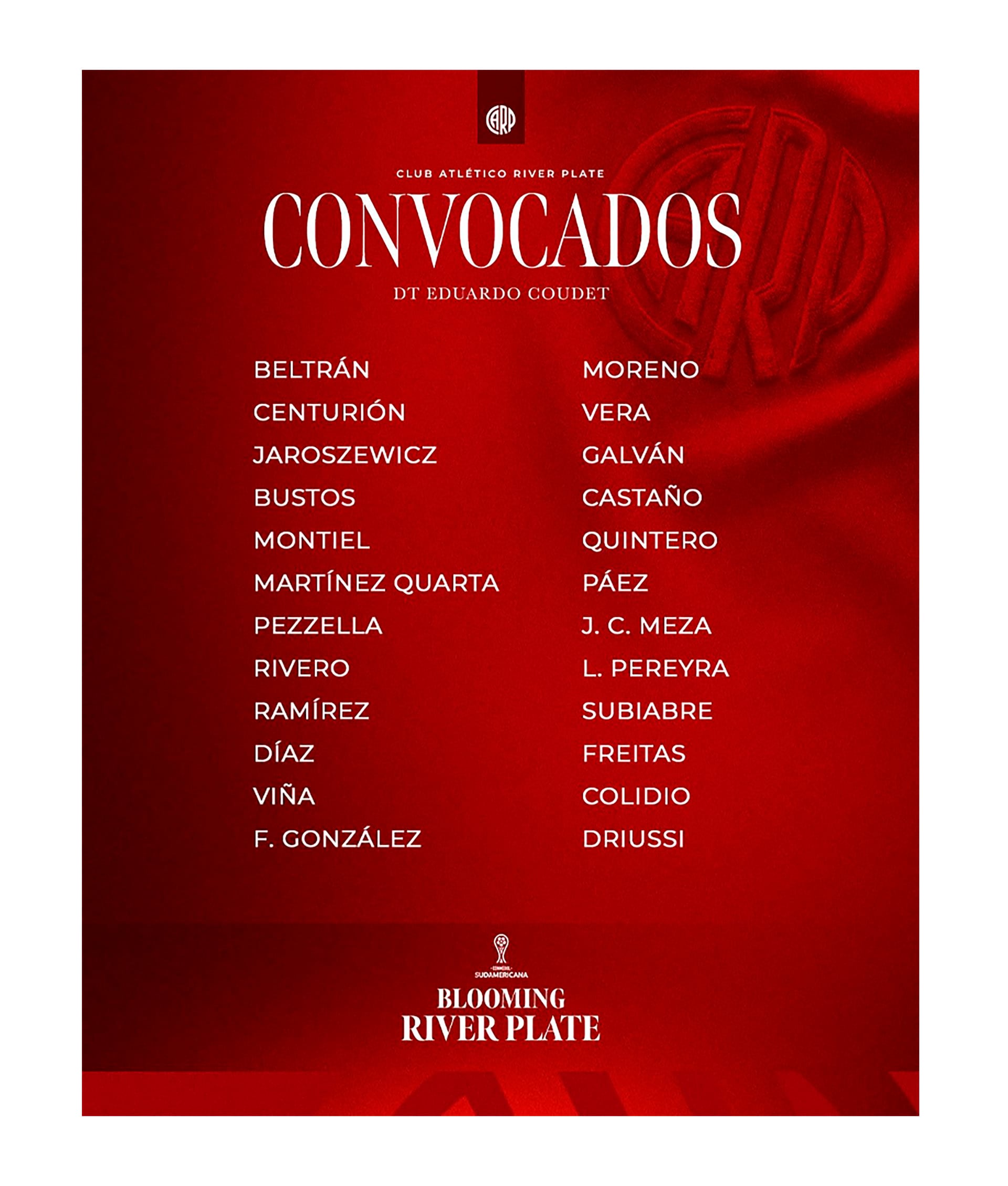 Los convocados por Chacho Coudet para el choque ante Blooming (@RiverPlate)