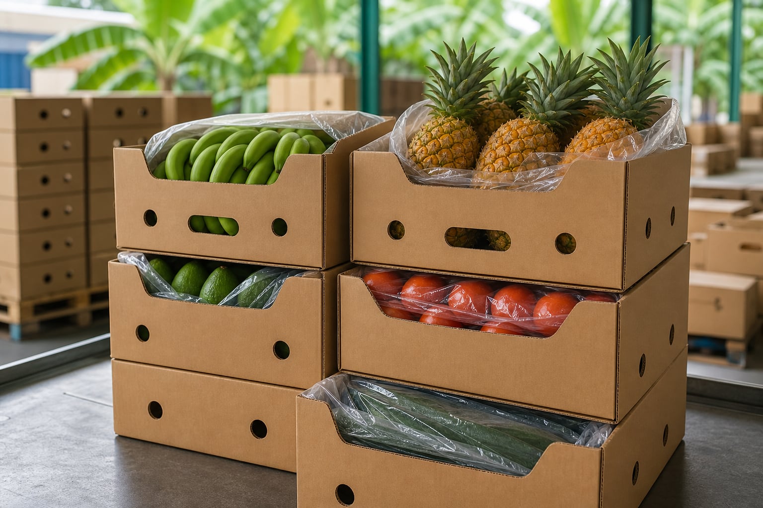 Varias cajas de cartón con bananas, piñas, aguacates y tomates se encuentran preparadas para su distribución. (Imagen Ilustrativa Infobae/IA)