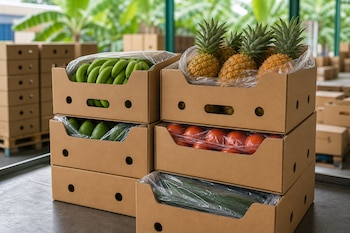 Cajas de cartón apiladas que contienen bananas verdes, piñas, aguacates, tomates y pepinos protegidos con bolsas plásticas.