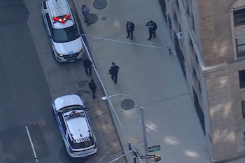 Vista aérea de una calle con dos patrullas de la policía de Nueva York, agentes policiales y una cinta de seguridad. Edificio y árboles al fondo