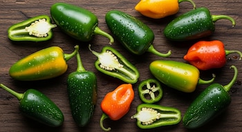 Jalapeños verdes, amarillos y rojos, algunos enteros y otros cortados al medio, con gotas de agua, se distribuyen sobre una superficie de madera oscura.
