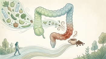 Ilustración de un colon que conecta alimentos saludables y una persona caminando con una sección irritada junto a una taza de café y granos.