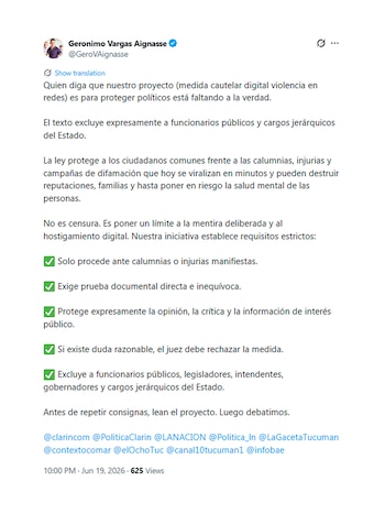 Diputado Geronimo Vargas Aignasse sobre medida cautelar digital violencia en redes tuit