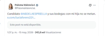 La candidata Paloma Valencia criticó publicación en la que se indica que Angélica Lozano es madrina de su hija - crédito @PalomaValenciaL/X