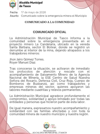 El alcalde de Tasco, Boyacá, agradeció a todos los organismos que hicieron parte del rescate de los mineros - crédito Alcaldía Tasco
