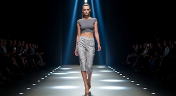 Una modelo camina por una pasarela oscura, iluminada por focos, luciendo un top corto gris y pantalones capri estampados. La audiencia se observa borrosa a los lados.
