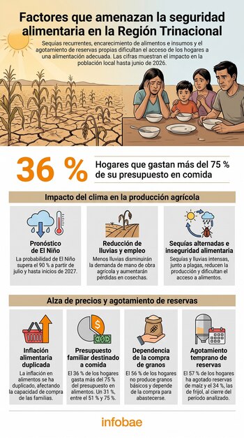 Infografía de Infobae con texto "Factores que amenazan la seguridad alimentaria en la Región Trinacional". Ilustraciones de campo seco, familia afectada e iconos de clima y precios.