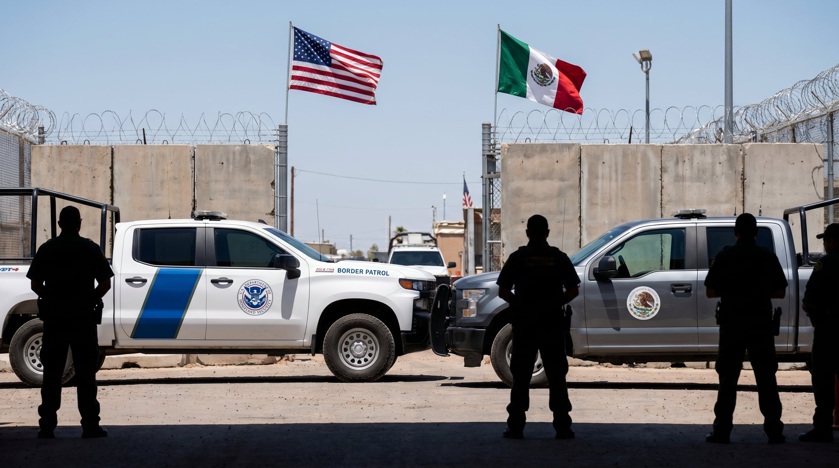 Vehículos oficiales de la Patrulla Fronteriza de EE. UU. y de México están estacionados lado a lado en un punto fronterizo, con banderas ondeando y siluetas de agentes en primer plano. (Imagen Ilustrativa Infobae)